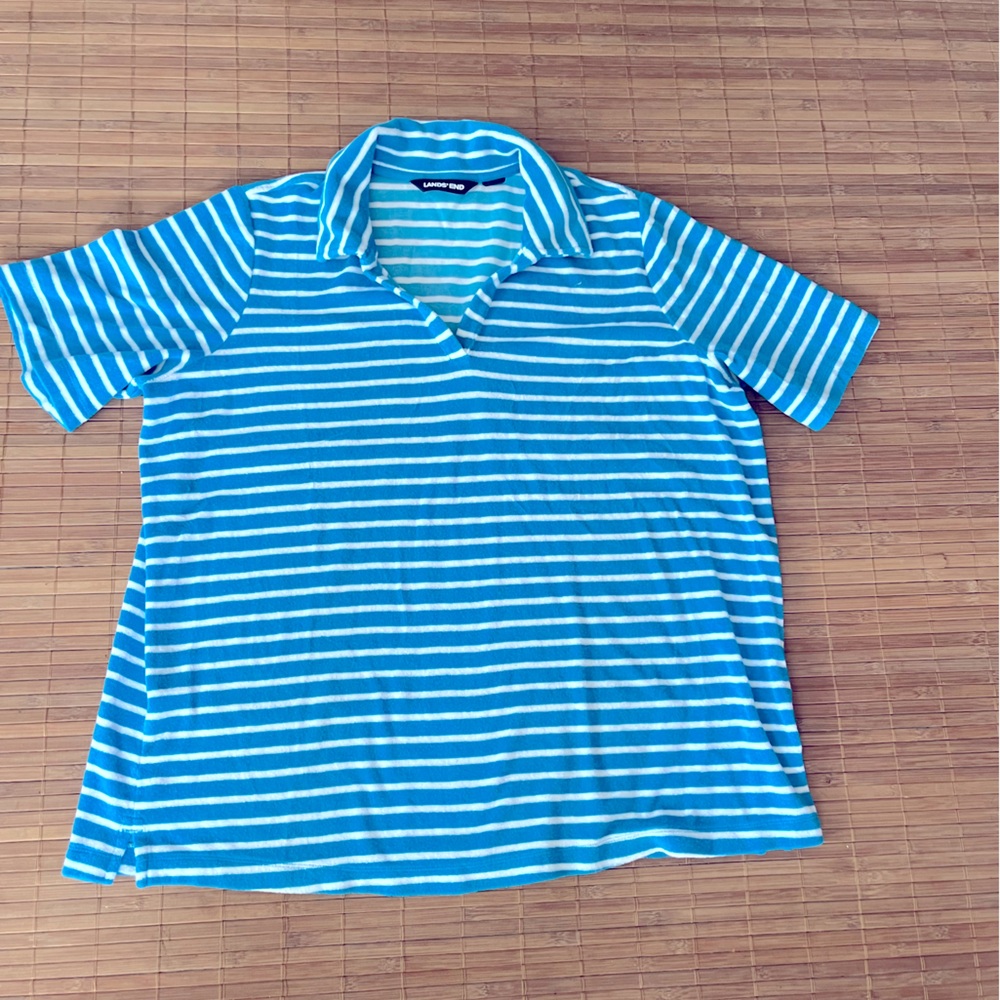 Lands End 1X Turquoise/White Stripe Terri Cloth Top